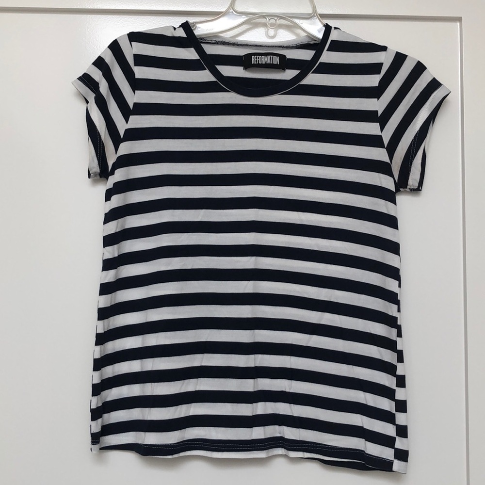 Reformation Navy and White Striped Tee Shirt Small